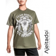 Camiseta Masculina Verde Musgo Manga Curta Caveira Team Roping Ox Horns - Ref1034