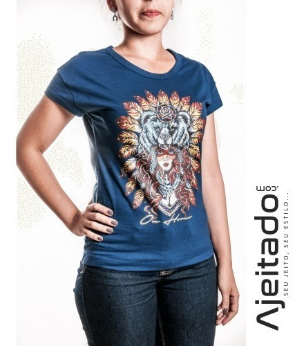 T-shirt Feminina Azul Índia Com Strass Ox Horns Ref6005