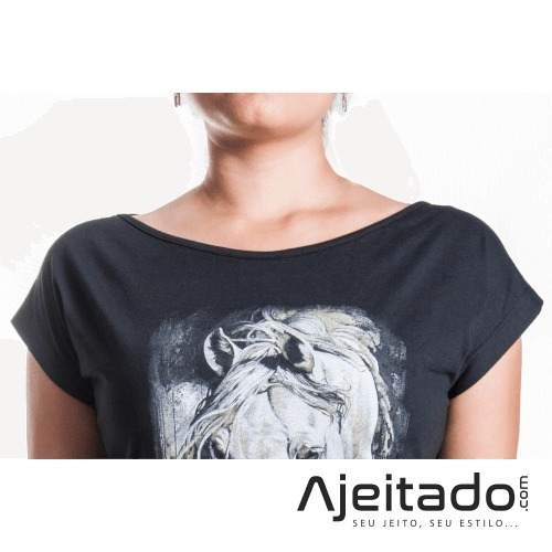 T-shirt Feminina Preta Cavalo Strass Ox Horns - Ref6015