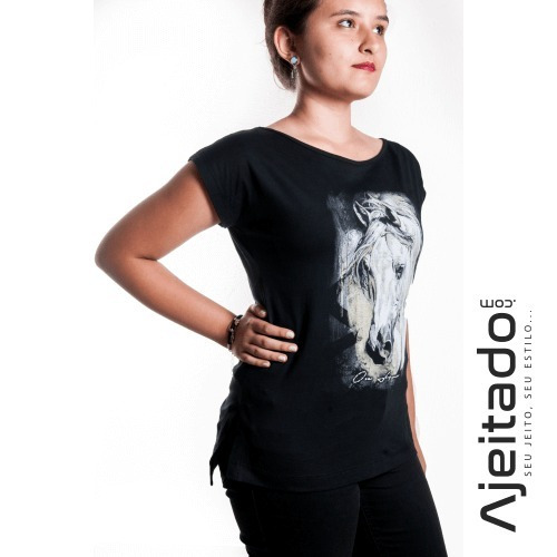 T-shirt Feminina Preta Cavalo Strass Ox Horns - Ref6015