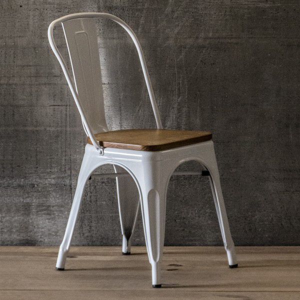 Cadeira Design Tolix Branca Industrial Vintage Metal Assento Madeira  - Orb