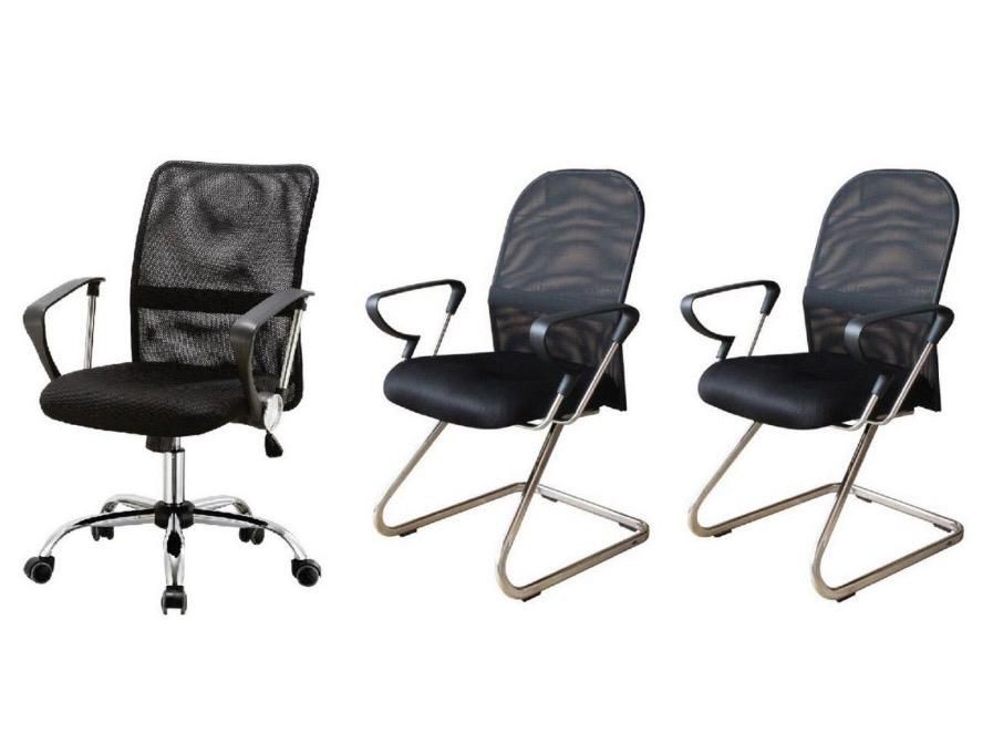 Conjunto com 1 Cadeira Diretor e 2 Cadeiras Interlocutores Pelegrin PEL-501/PEL-8036 em Tela Mesh Preta