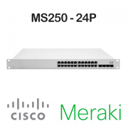 Cisco Meraki MS250-24P<p>Switch 24 portas PoE Gigabit + 4 portas 10G SFP+ uplink, Layer 3, Gerenciado  na nuvem, Empilhamento Virtual</p>