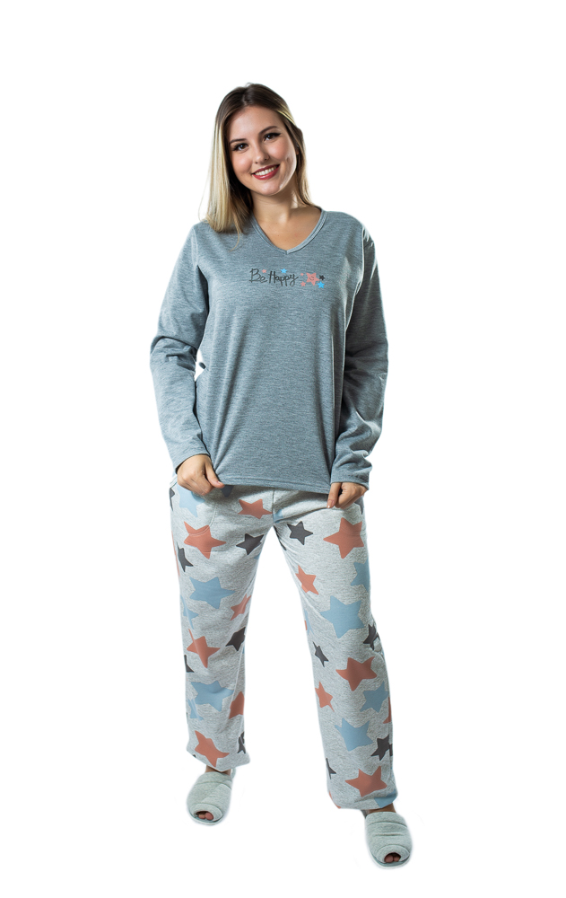 Pijama feminino adulto moletinho calça estrela blusa silk