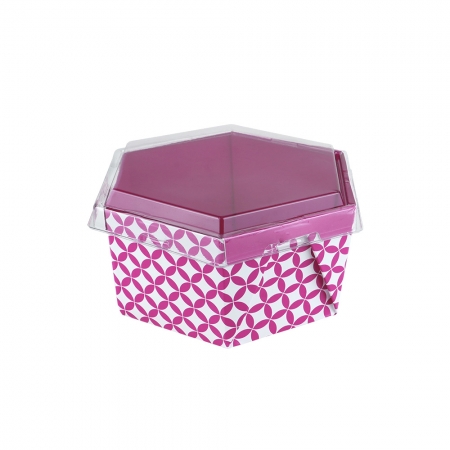 Bowl em Papel Branco Cx c/20 unids 1000ml c/Tampa Plástica Transparente Arte Rosa Especial  -Sextavado -Montado