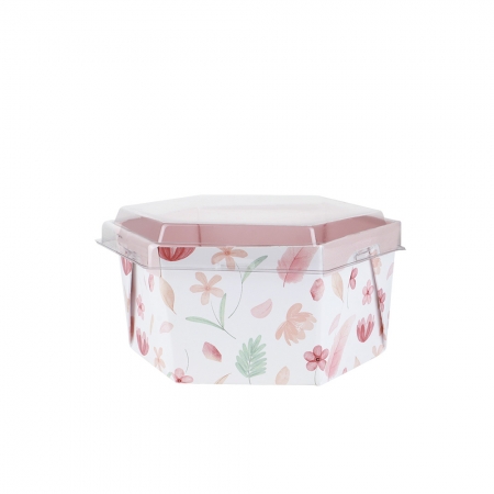 Bowl em Papel Branco Cx c/ 20 unids 1000ml  c/Tampa Plástica Transparente Arte Rosa Floral  - Sextavado -Montado