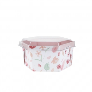 Bowl em Papel Branco Cx c/ 20 unids 1000ml  c/Tampa Plástica Transparente Arte Rosa Floral  - Sextavado -Montado