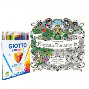Livro de Colorir Floresta Encantada + Lápis De Cor Giotto 24 Cores