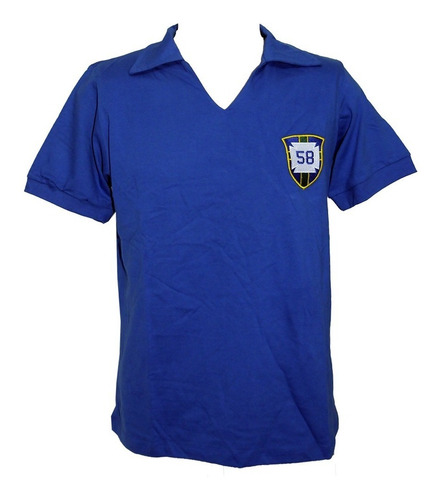 Camisa Retro Brasil 1958 Alusiva Copa 58 Azul Escudo Bordado