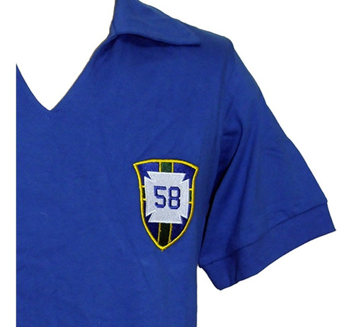 Camisa Retro Brasil 1958 Alusiva Copa 58 Azul Escudo Bordado
