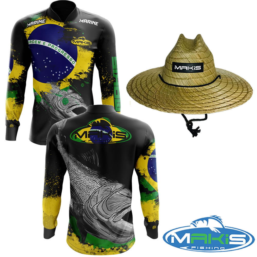 Camisa de Pesca Com Proteção UV Makis Fishing Mk-03 e Chapeu De Palha Pierside