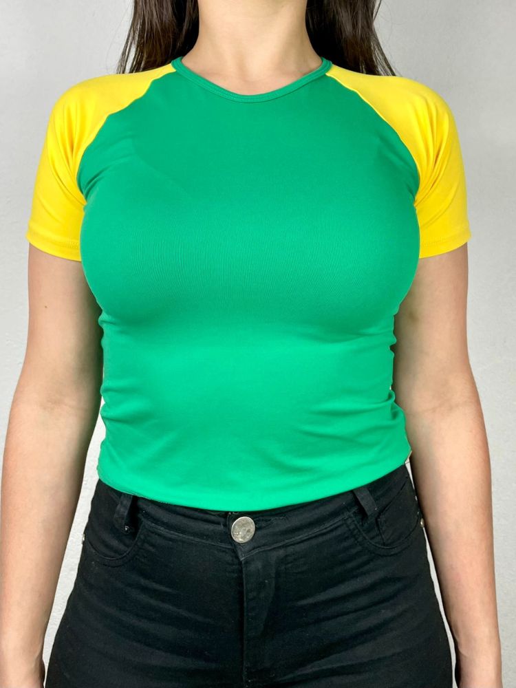 Camiseta Slim Raglan Verde com Amarelo Brasil
