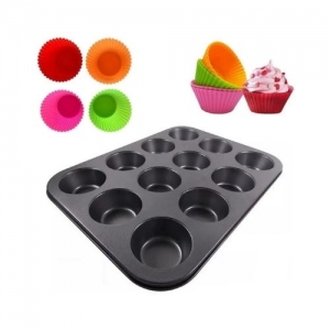 Forma De Cupcake Antiaderente Com 12 Forminhas De Silicone Colorida