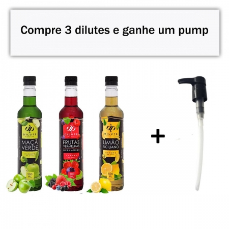 Kit Xarope Dilute Maça Verde+Frutas Vermelhas+Limão+Pump