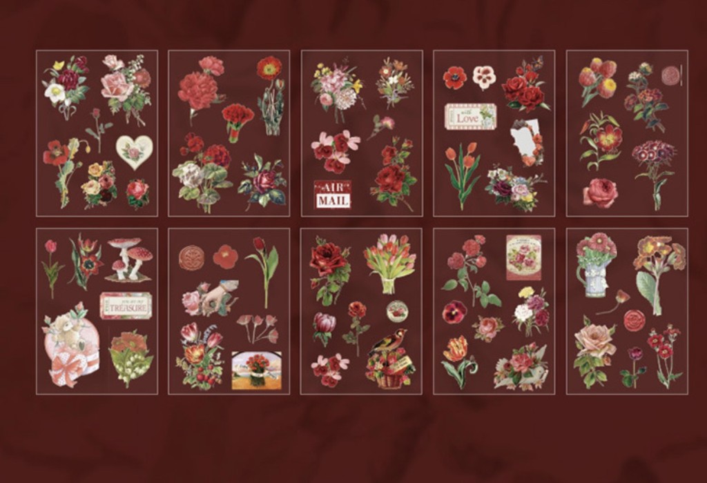 Kit 10 Cartelas de Adesivos Transparentes Red Flowers