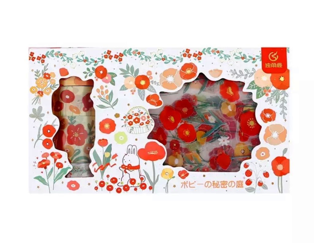 Kit 6 masking tapes transparentes com foil + 10 cartelas de adesivos flores vermelhas