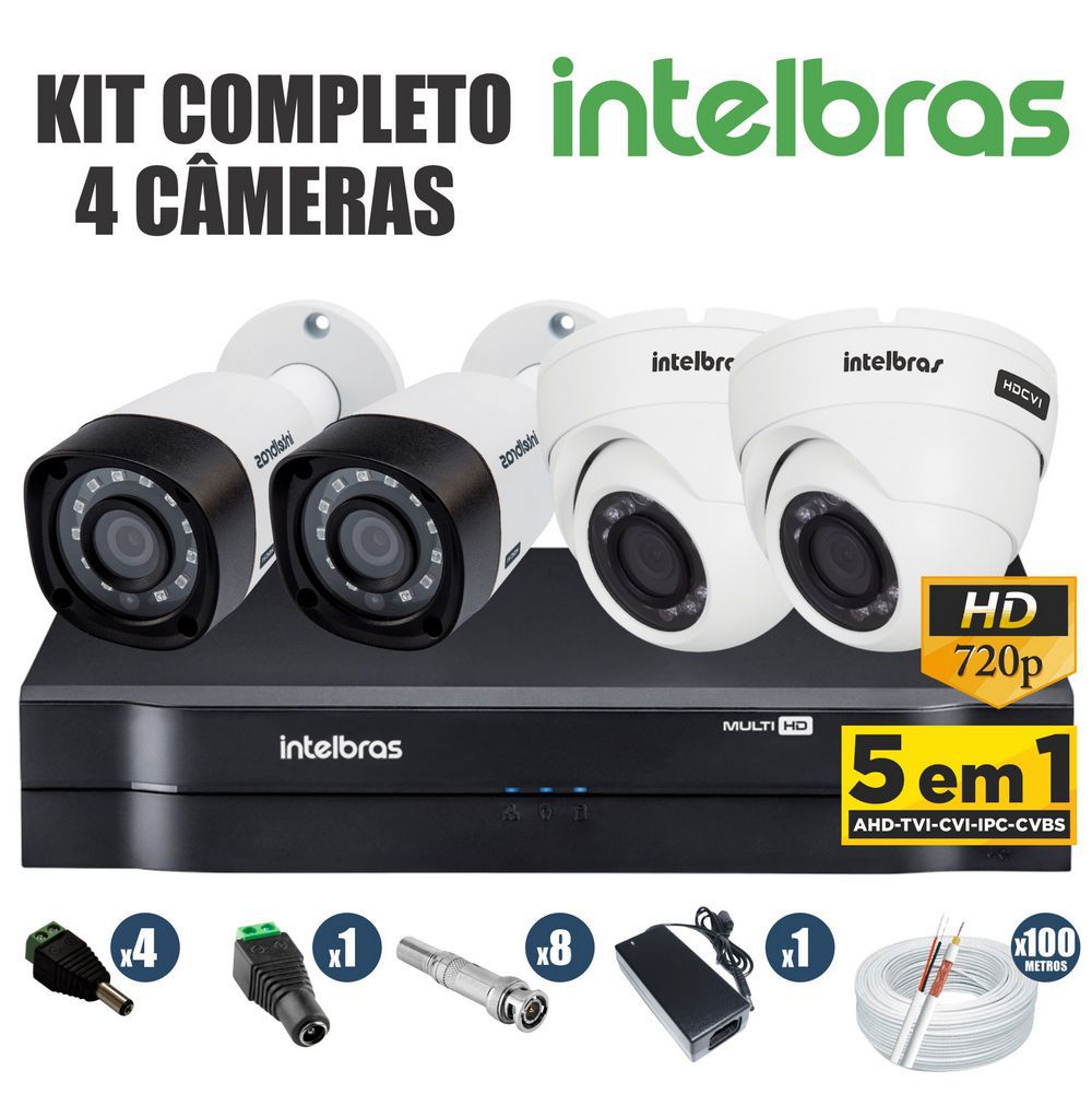 Kit CFTV Intelbras Completo 4 Câmeras AHD 720p DVR 4 Canais