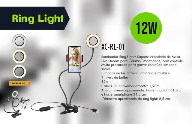 Ring Light Suporte Celular Selfie Luminaria 2em1 12w XC-RL01 X-Cell