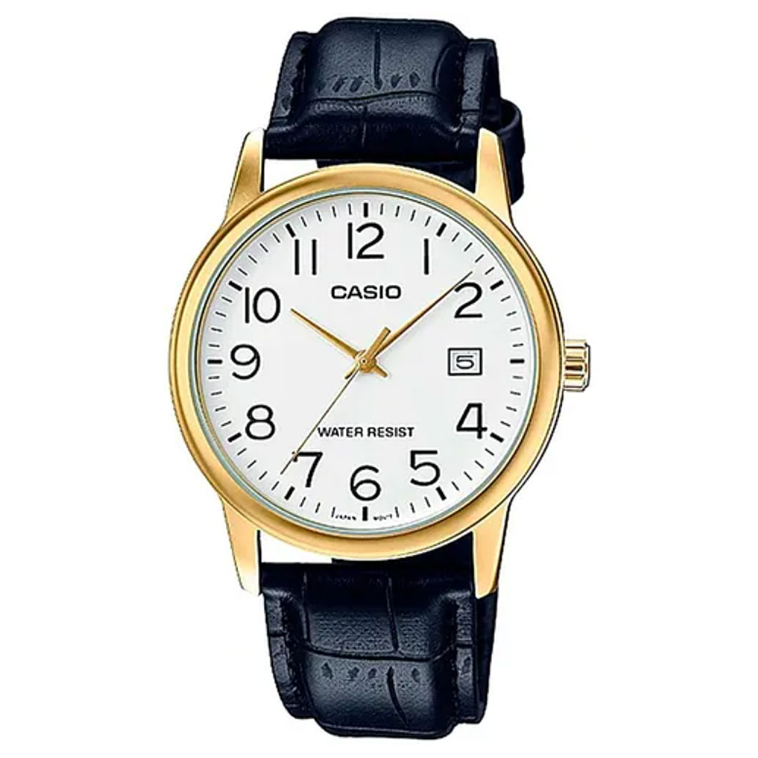 Relógio Casio Masculino Analógico Mtp-v002gl-7b2udf Dourado com Mostrador Branco Pulseira Couro Preto