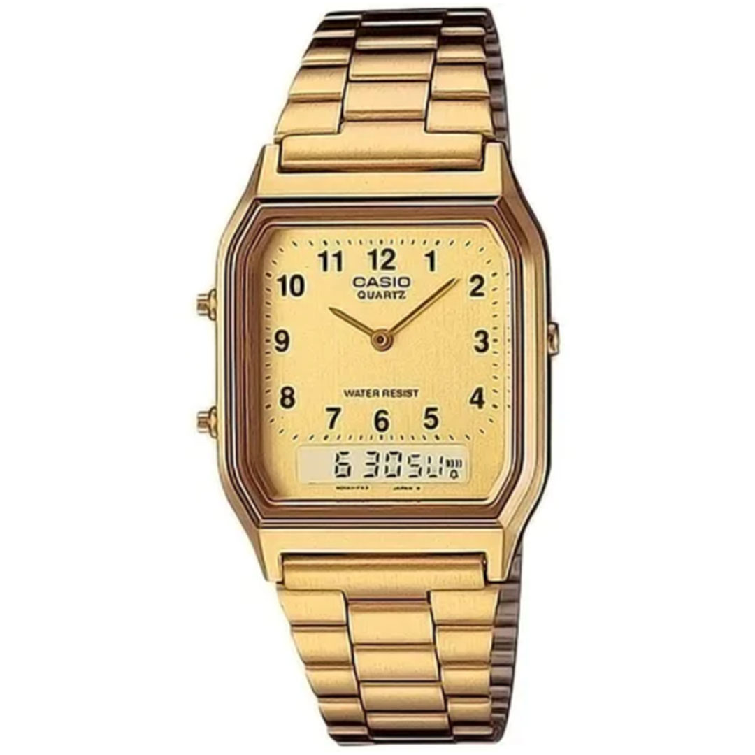 Relógio Casio Vintage Unisexx AQ-230GA-9BMQ Analogico e Digital Quadrado Dourado