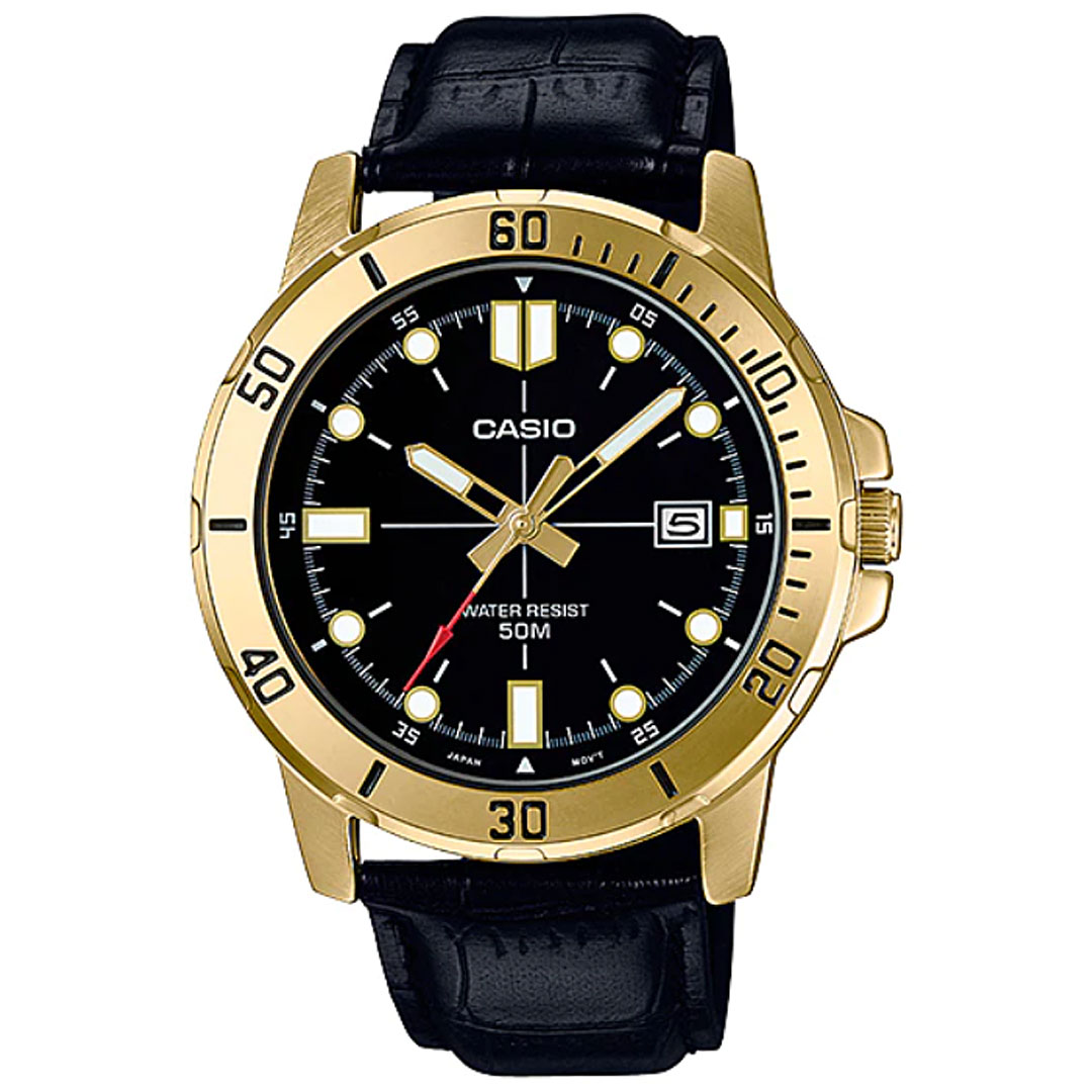 Relógio Masculino Casio Collection Dourado com Pulseira de Couro Preto MTP-VD01GL-1EVUDF