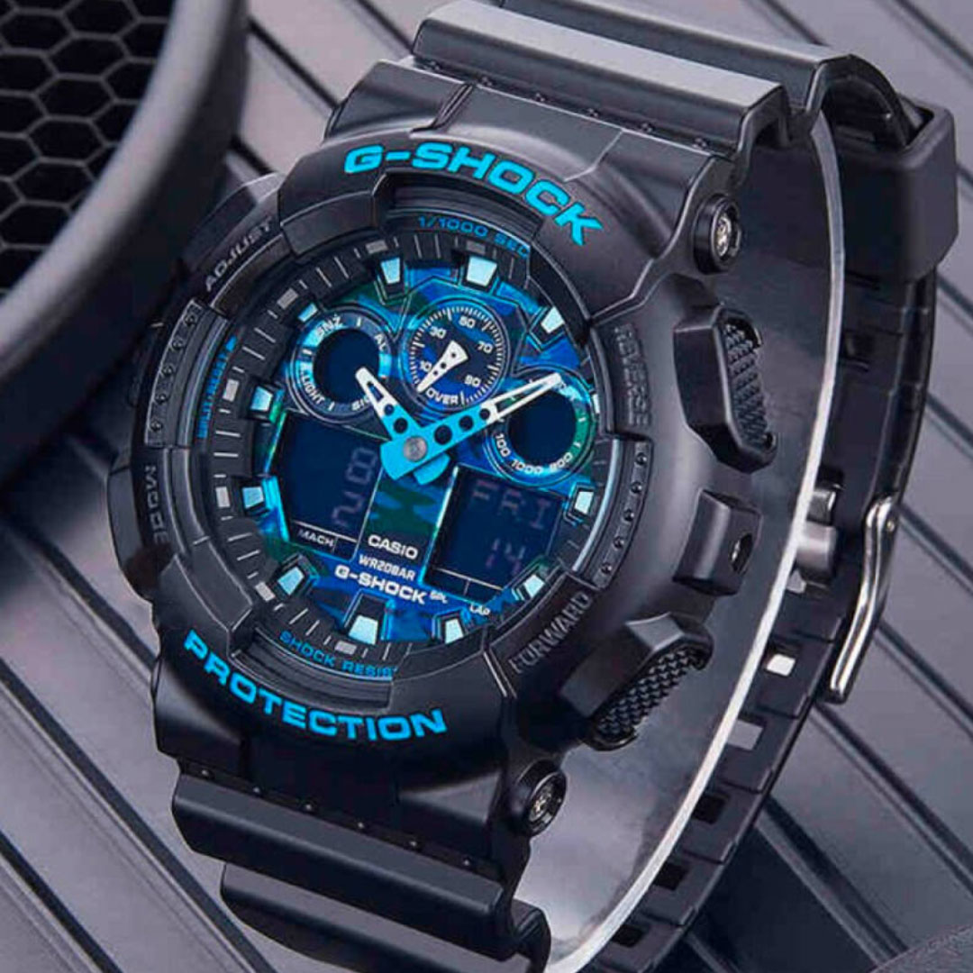 Relógio Masculino CASIO G-Shock GA-100CB-1ADR Preto com mostrador Camuflado Azul