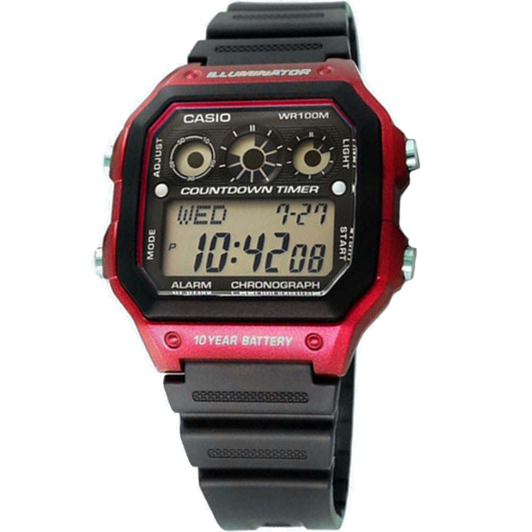 Relógio Masculino Casio Standard Quadrado Vermelho Digital Ae-1300wh-4avdf Pulseira de Resina