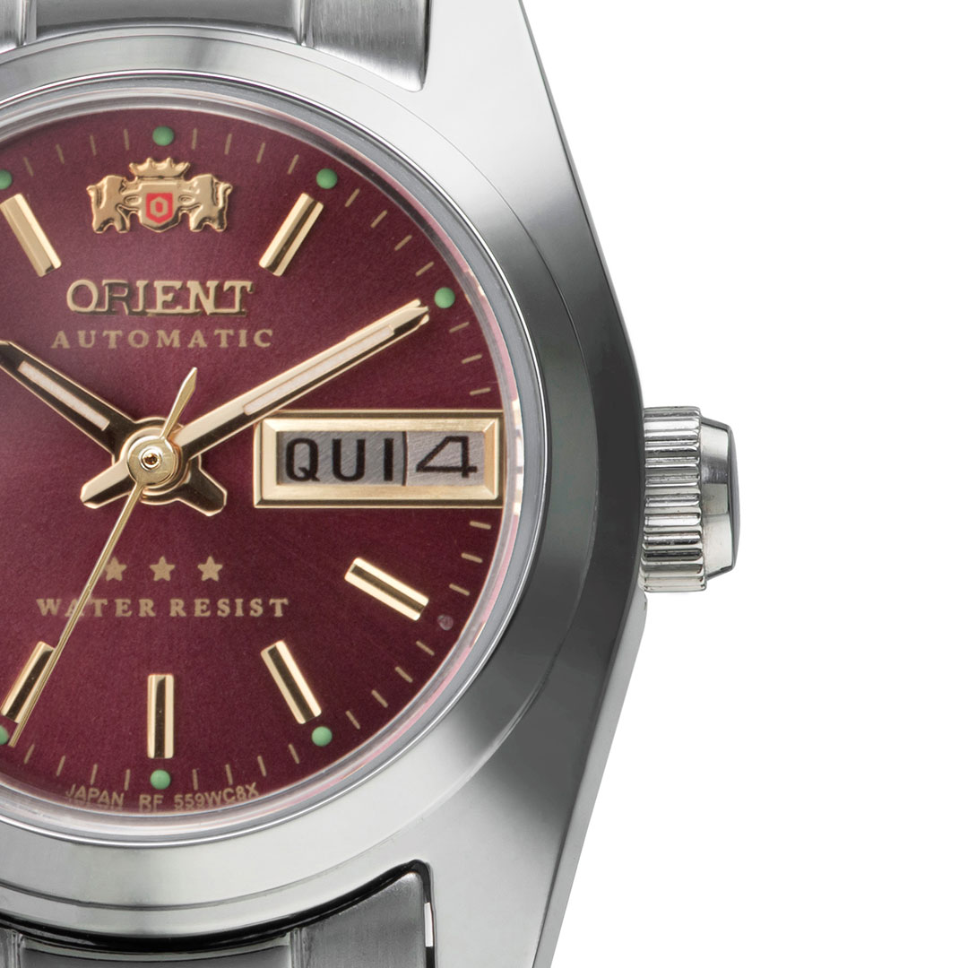Relógio Orient Automatico Prata 559wc8x W1sx Mostrador Vinho com Calendário