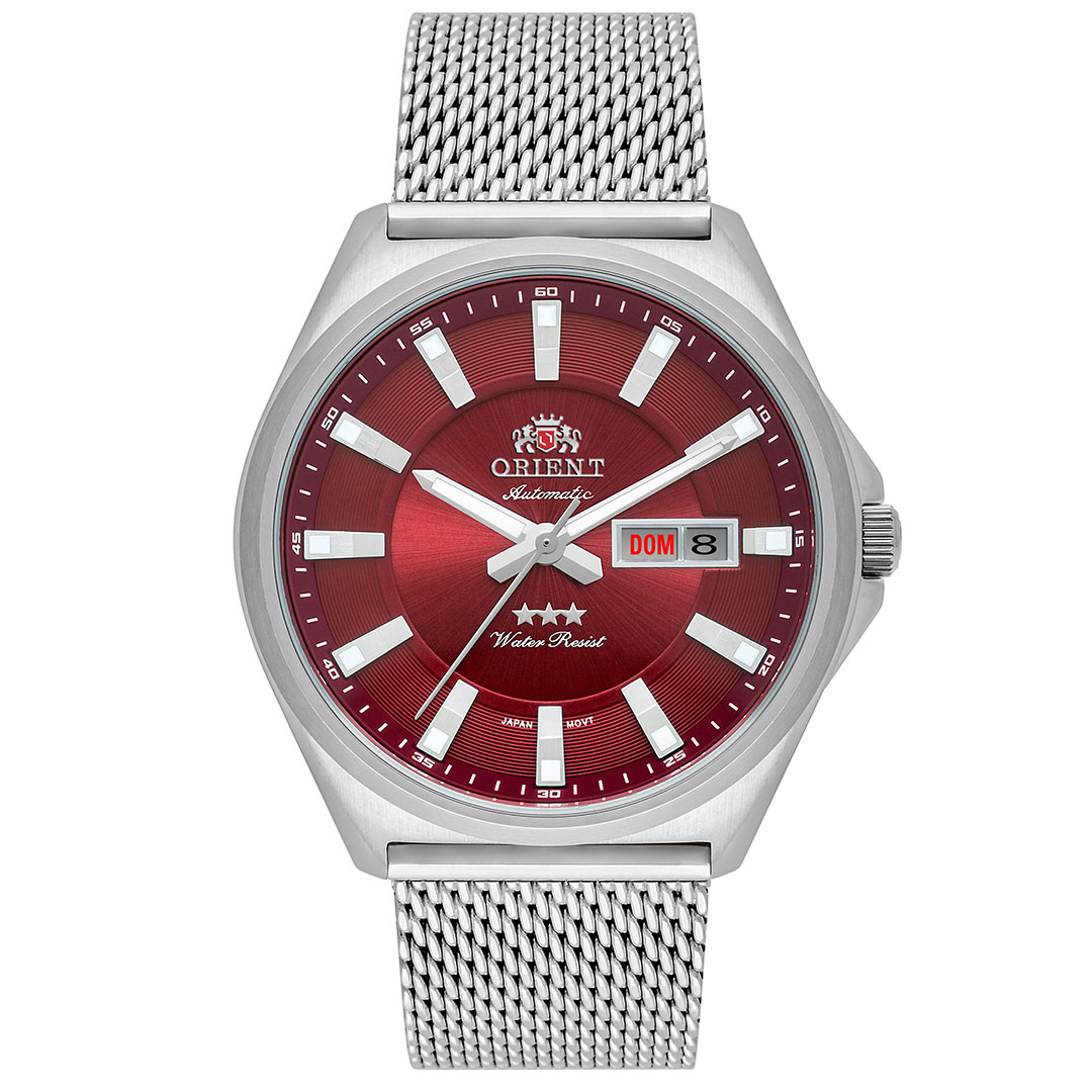 Relógio Orient Automático Prata F49ss009 V1sx Mostrador Vermelho com Calendário