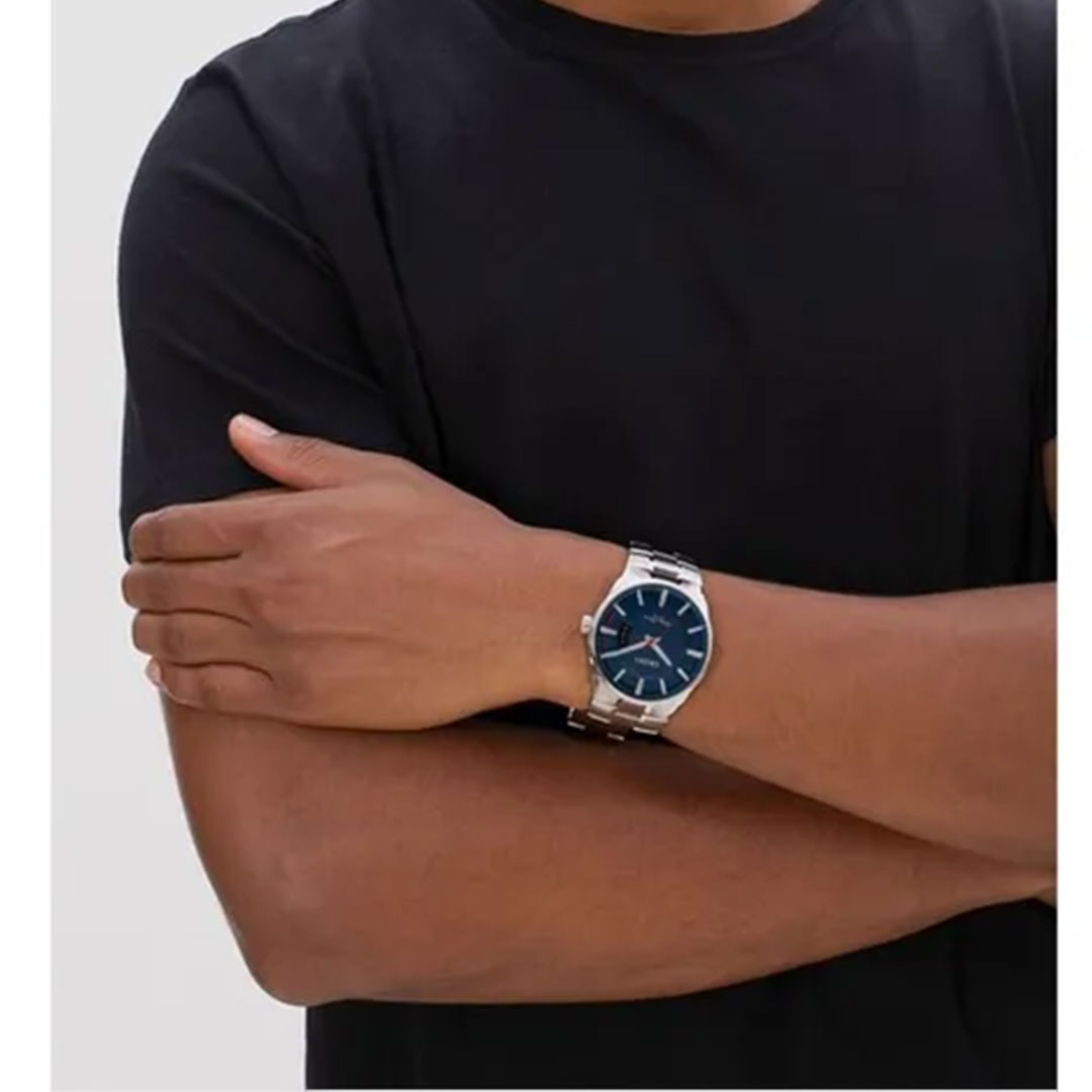 Relógio Orient Masculino Analógico  Mbss1355 D1sx Prata Mostrador Azul com Calendário