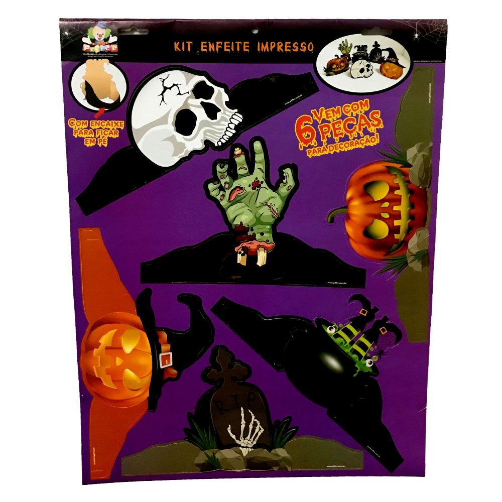 Kit Enfeite Halloween Abóbora Caveira Zumbi - 06 Unid