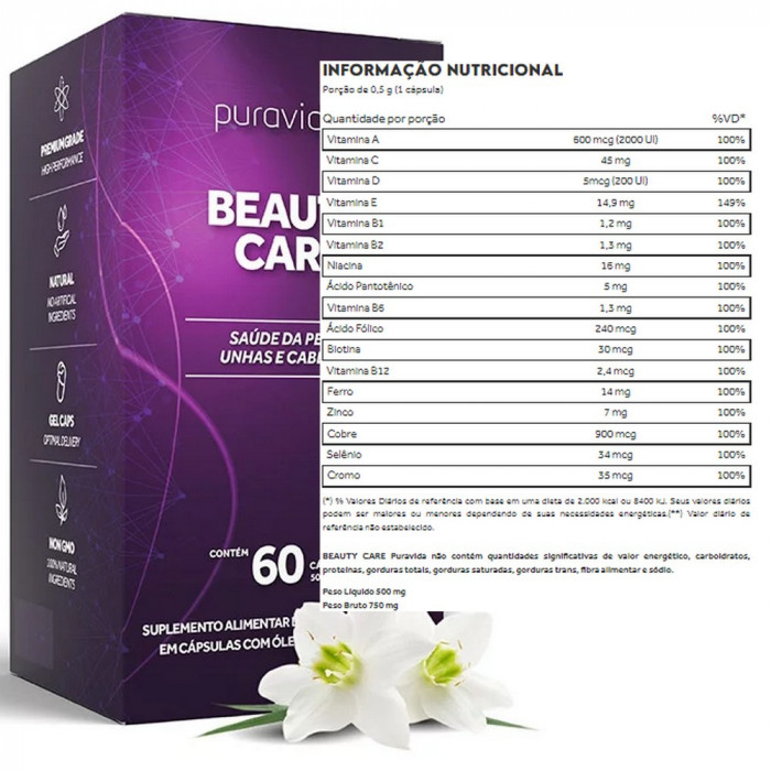 Beauty Care - Saúde Da Pele, Unhas E Cabelos - (60 Caps) - Pura Vida