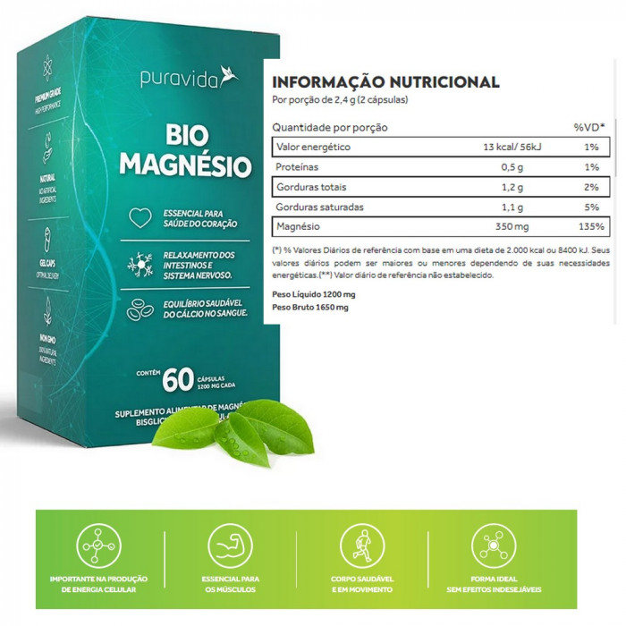 Bio Magnesio + Saude Óssea + Saude Do Coraçao (60caps) - Pura Vida