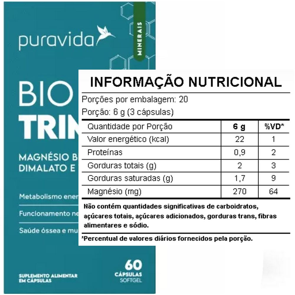 Bio Trimag - Magnésio Bisglicinato + Dimalato + Taurato - 60 Caps - Pura Vida