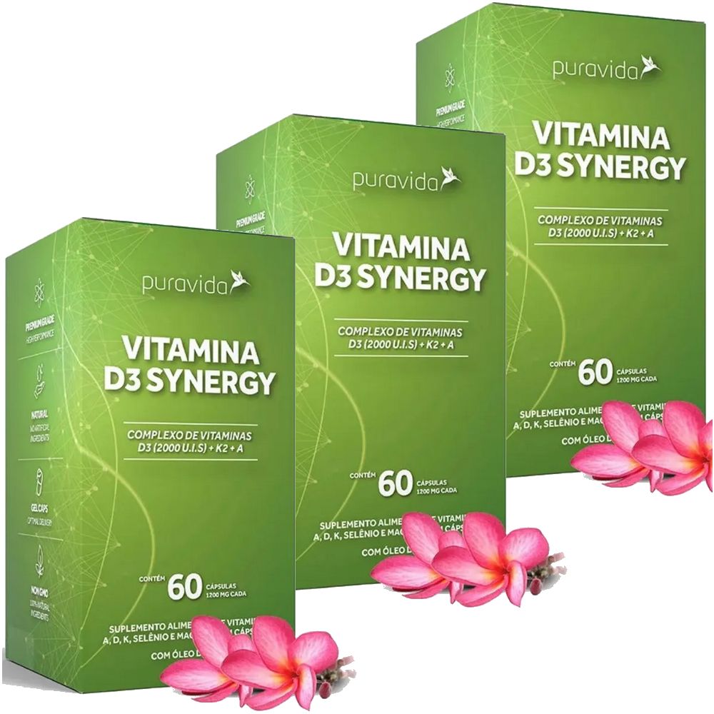 Kit 3x Vitamina D3 Synergy 2000ui + A + K2 - 60 Caps - Pura Vida