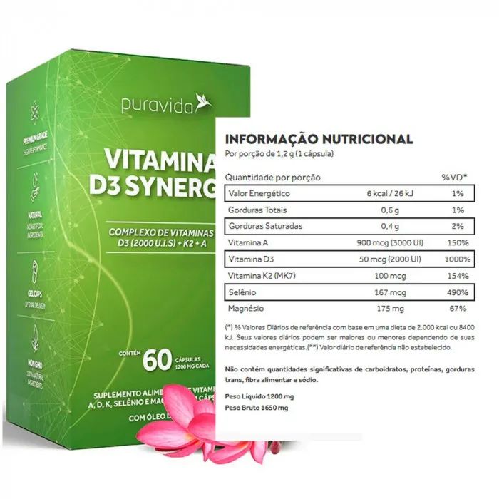 Kit 3x Vitamina D3 Synergy 2000ui + A + K2 - 60 Caps - Pura Vida