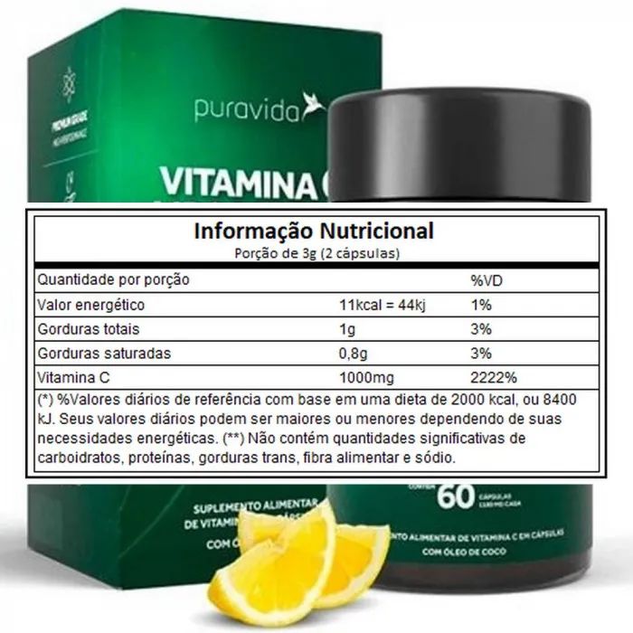 Kit 2x Vitamina C Lipossomal 1000mg + Óleo De Coco (60 caps) - Pura Vida