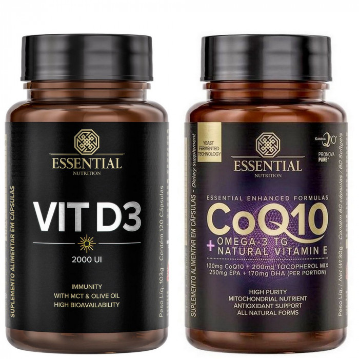 Kit Coenzima Q10 Coq10 (60caps) + Vitamina D3 2000UI (120caps) - Essential Nutrition