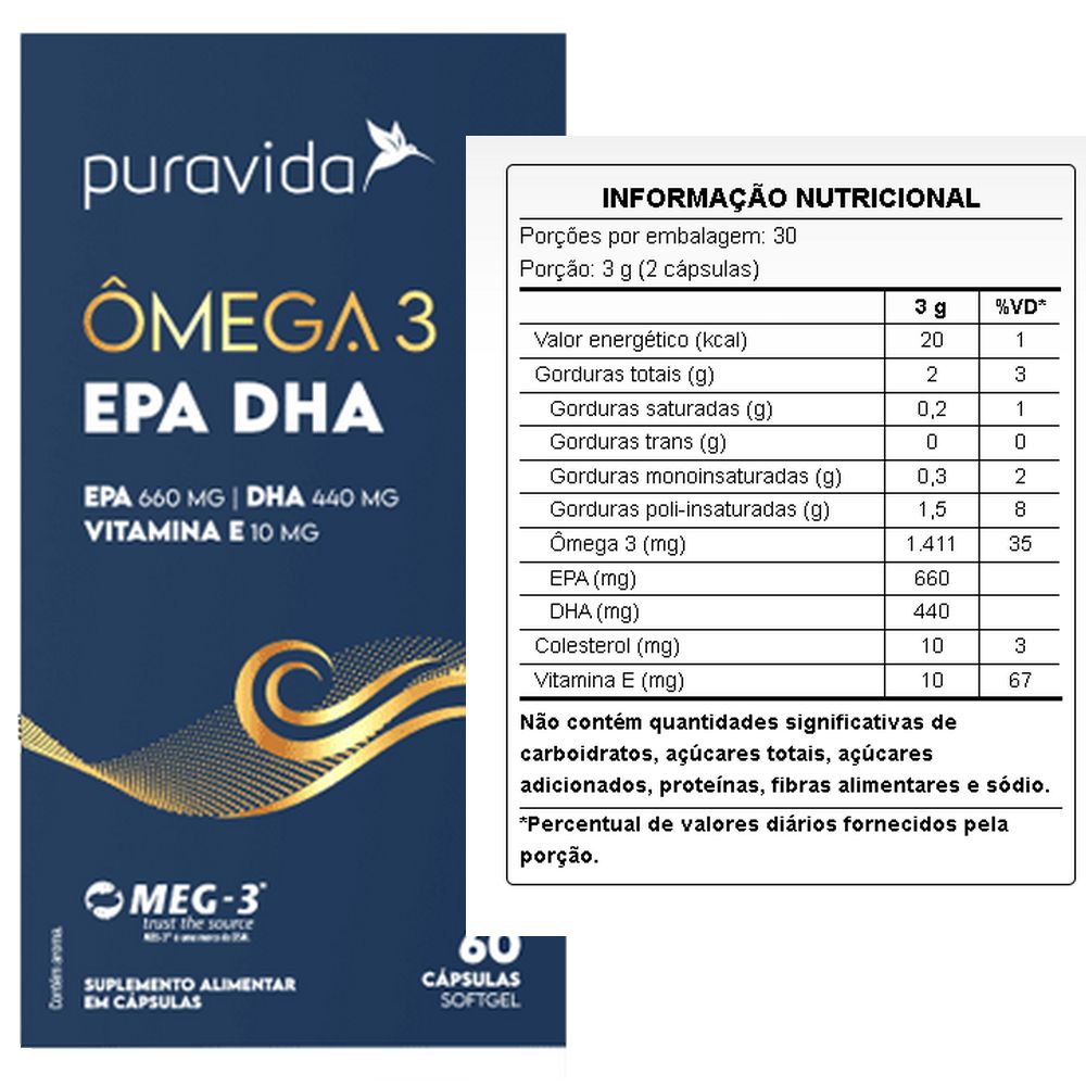 Omega 3 - EPA + DHA + Vitamina E - 60 Capsulas - Pura Vida