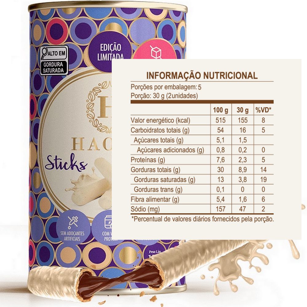 Sticks Recheado com Avelã e Cobertura de Chocolate Branco - 150g - Haoma