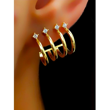 Brinco Ear Cuff 4 Zircônias Cristais Banhado em Ouro18k 
