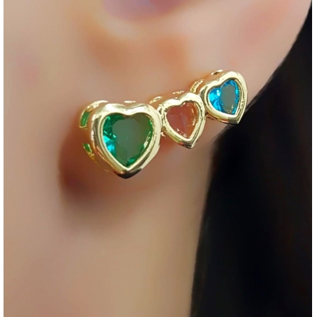 Brinco Ear Cuff Corações Zircônia Colorida Banhado em Ouro 18k