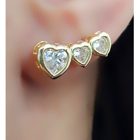 Brinco Ear Cuff Corações Zircônia Cristal Banhado em Ouro 18k