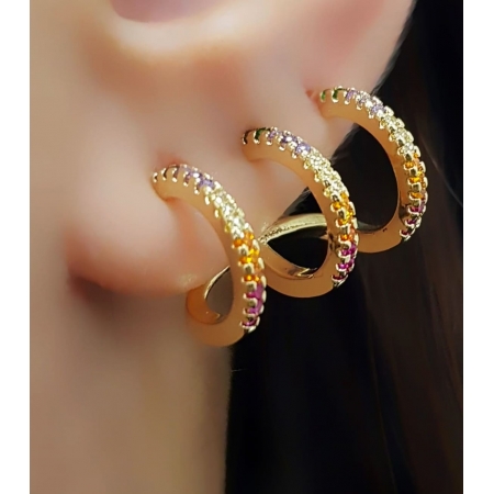 Brinco Ear Cuff Micro Zircônia Colorida Banhado em Ouro18k