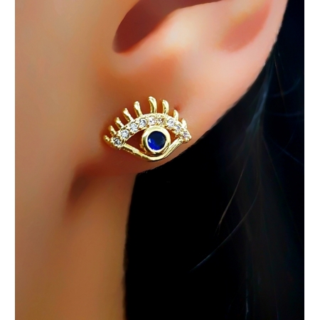 Brinco Olho Grego com Micro Zircônia Azul e Cristal Banhado em Ouro18k 