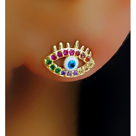 Brinco Olho Grego Micro Zircônia Colorida Banhado em Ouro18k (SKU:00039780)
