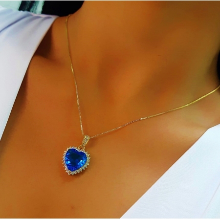Colar Coração Luxury Azul com Micro Zircônias Banhado em Ouro18k