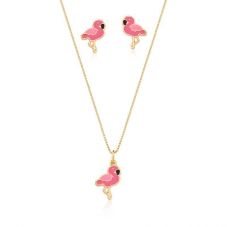 Conjunto Infantil Flamingo Banhado em Ouro18k