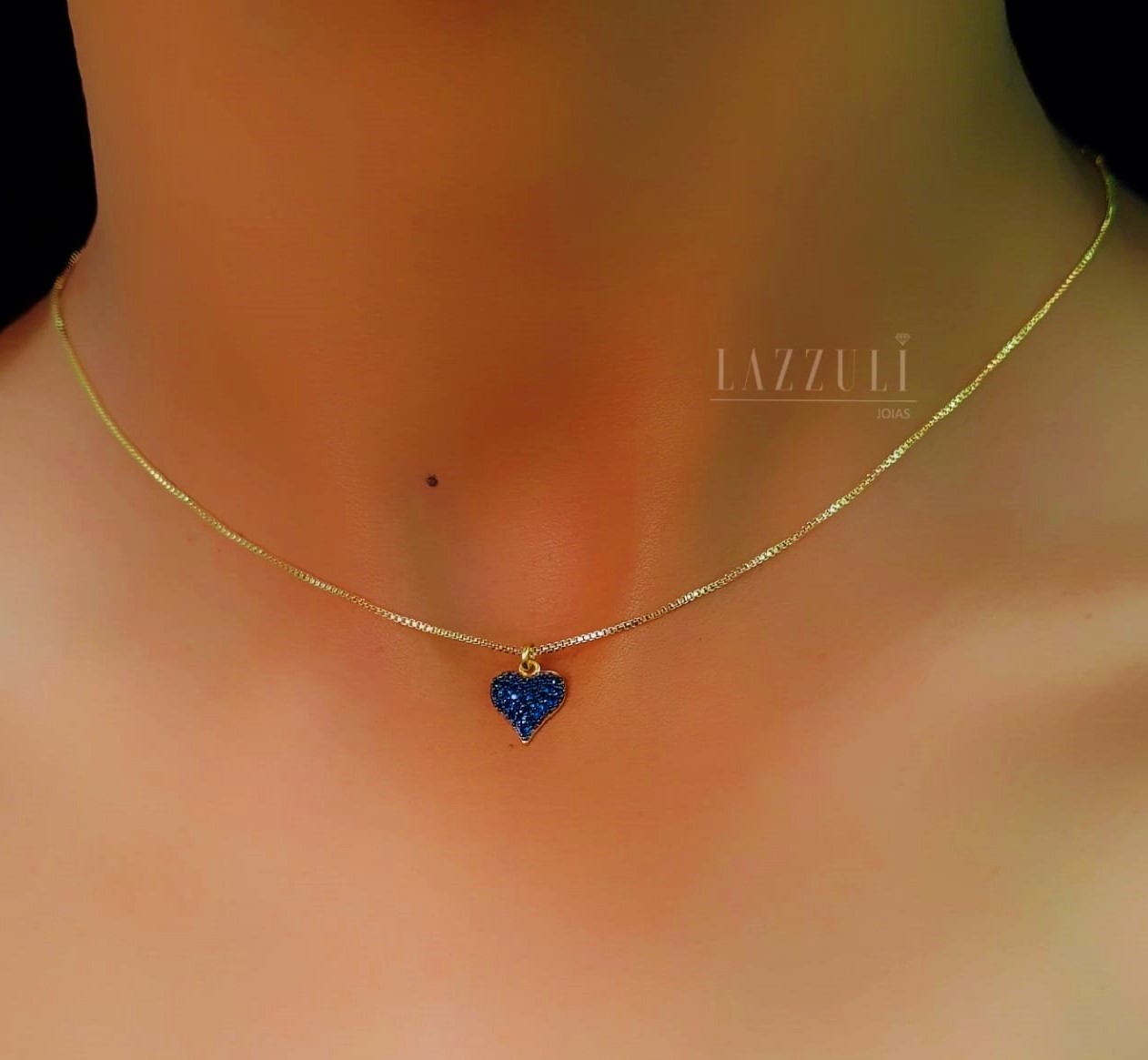 Choker Coração Zircônia Azul Banhado em Ouro18k  - Lazzuli Joias