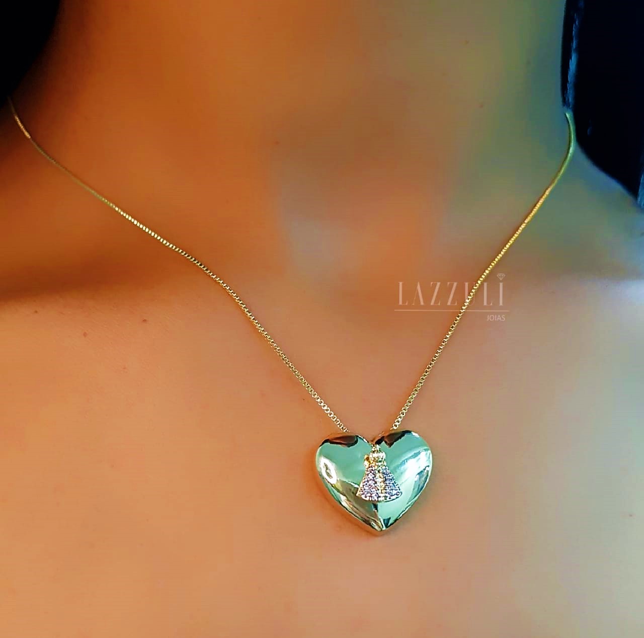 Colar Coração Liso com Nossa Senhora Micro Zircônia Cristal Banhado em Ouro18k (SKU: 00052365)  - Lazzuli Joias